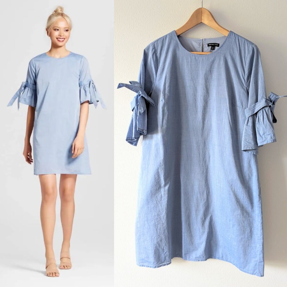Who What Wear Chambray Ruffle Sleeve Shift Dress in Blue Size M